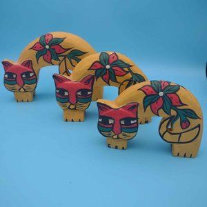 Set of 3 Laurel Burch Style Wooden Cats - Poinsettias and Holiday Colors!